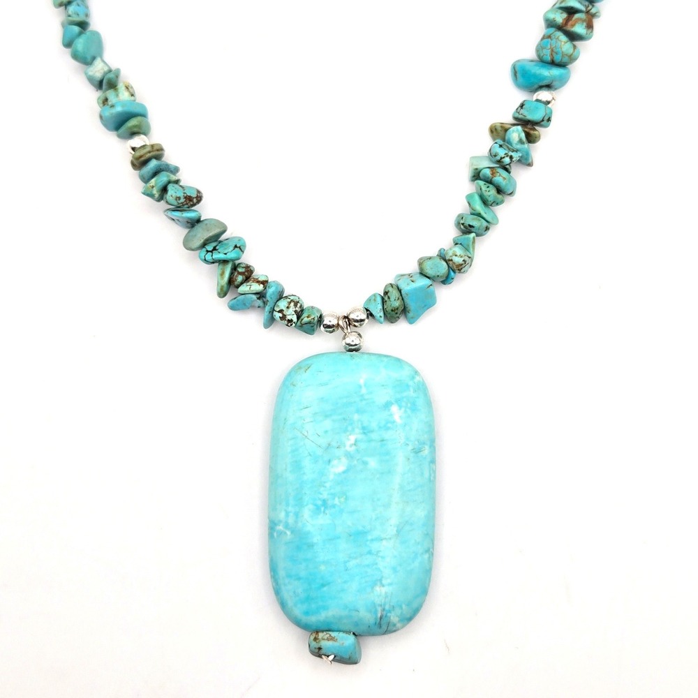 Natural Turquoise Chip Bead Necklace Large Rectangular Pendant Silver Tone 16 In